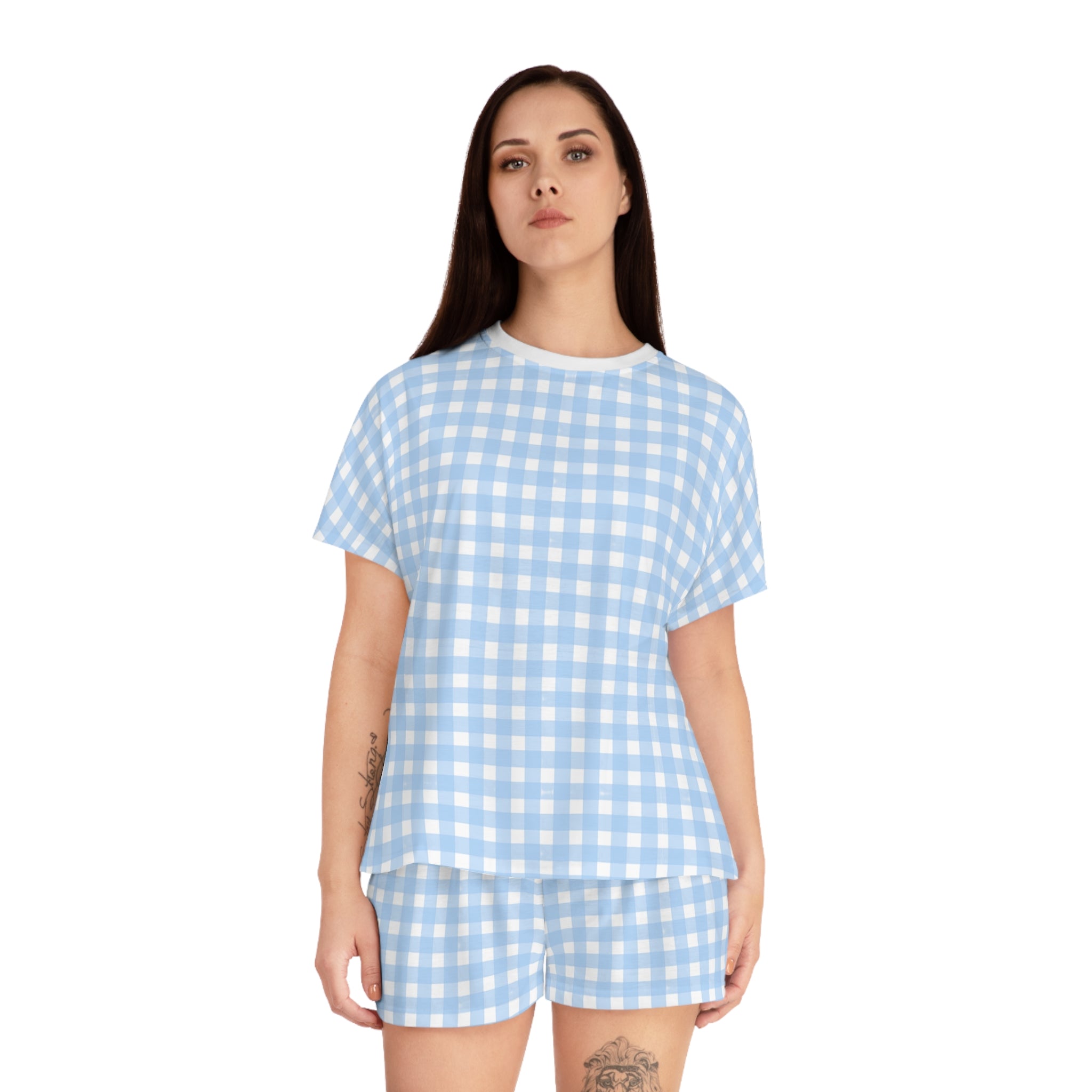 Blue Gingham Women's Short Pajama Set — Soft Cotton Sleepwear Lounge Set