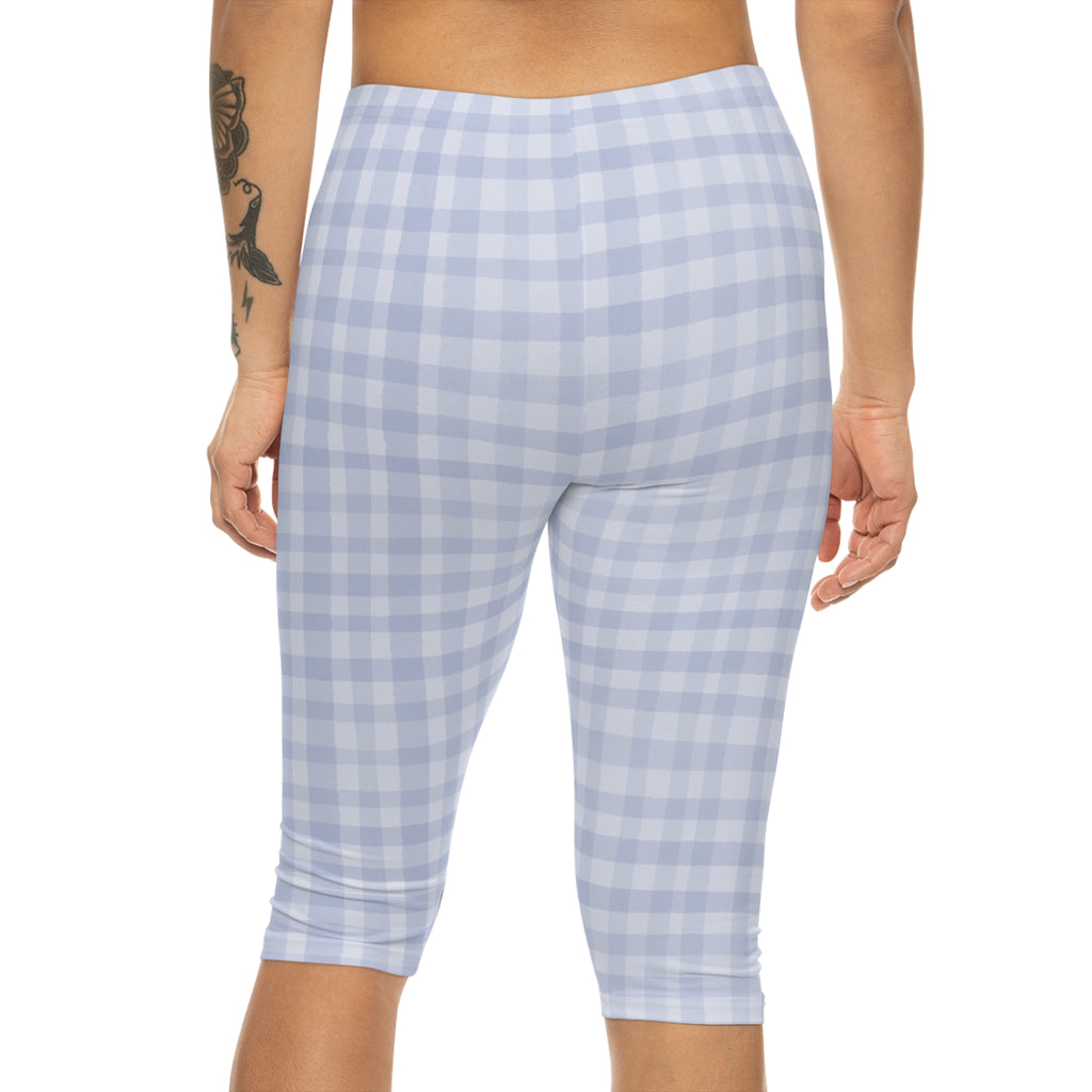 Light Blue Gingham Capri Leggings — Women's Checked AOP Activewear