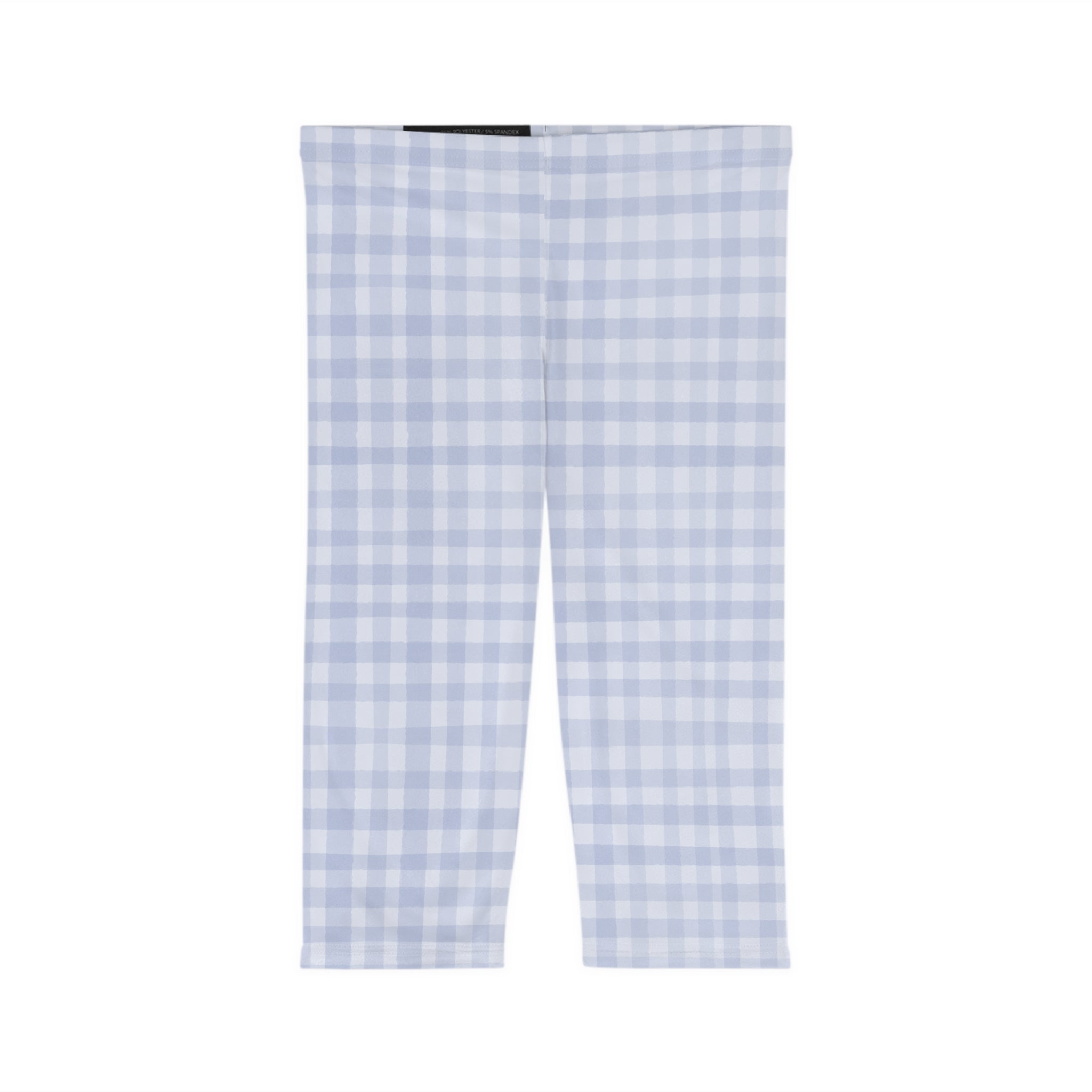 Light Blue Gingham Capri Leggings — Women's Checked AOP Activewear