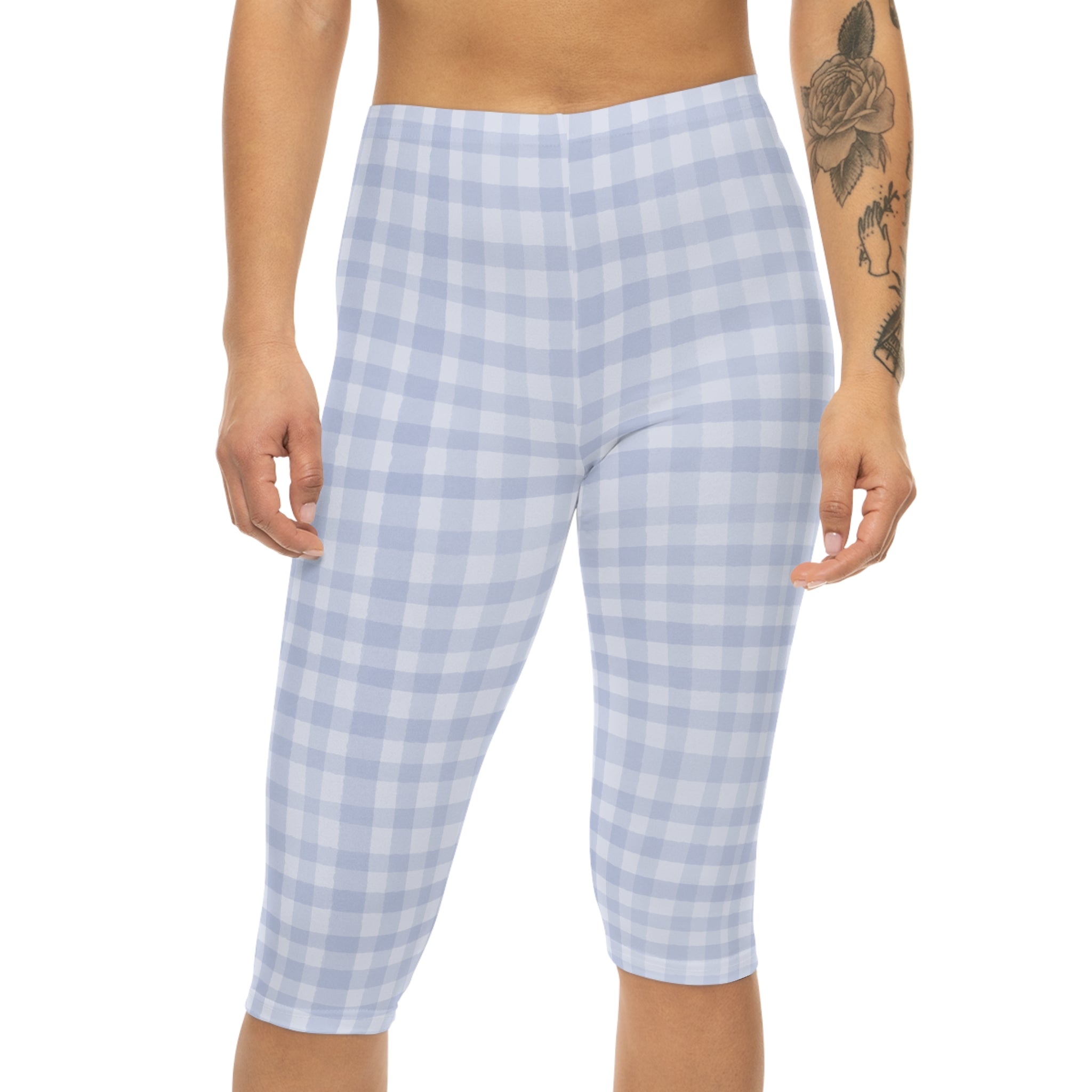 Light Blue Gingham Capri Leggings — Women's Checked AOP Activewear